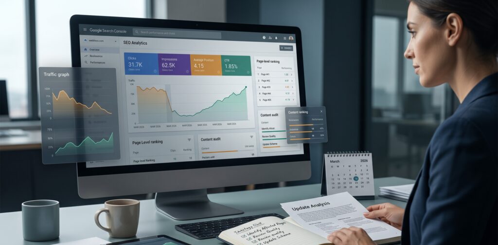March 2026 Google core update recovery dashboard showing SEO traffic drop analysis