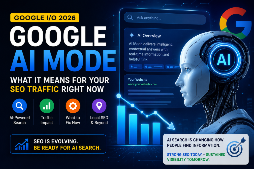 Google AI Mode SEO 2026 guide explaining how Google I/O 2026 may affect organic traffic, clicks, rankings, and small business search visibility