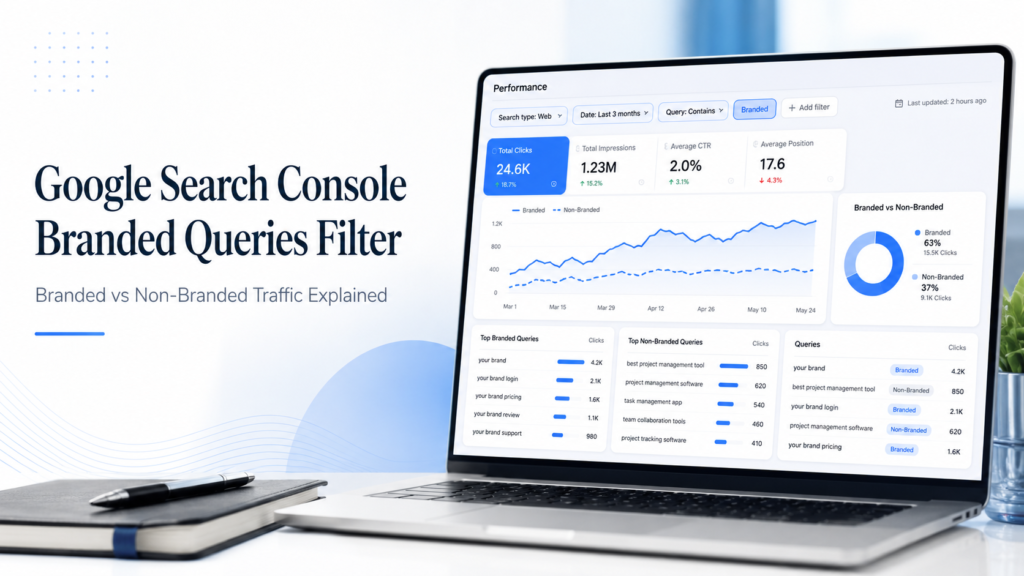 Google Search Console branded queries filter dashboard showing branded vs non-branded traffic, clicks, impressions, CTR, and SEO growth analysis