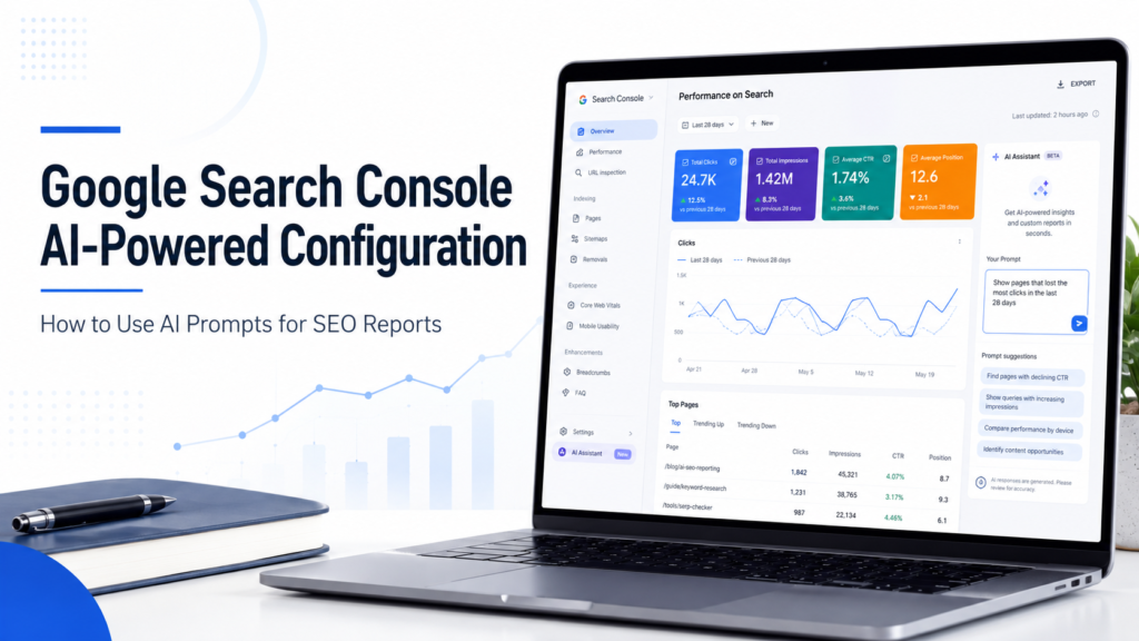 Google Search Console AI-powered configuration dashboard showing AI prompts for SEO reports, traffic drop analysis, clicks, impressions, CTR, and search performance data