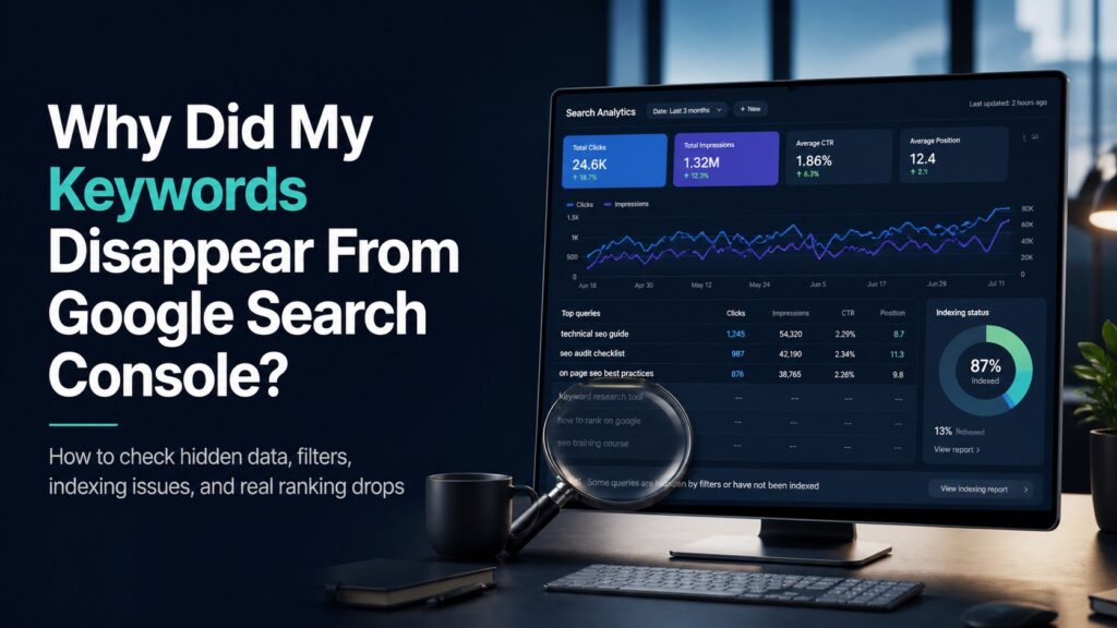 SEO dashboard showing missing keyword data, filters, indexing status, and search performance analysis in Google Search Console