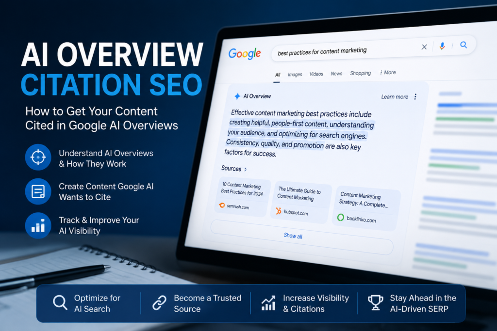 AI Overview Citation SEO hero image showing Google AI search visibility, cited sources, and content optimization for AI Overviews