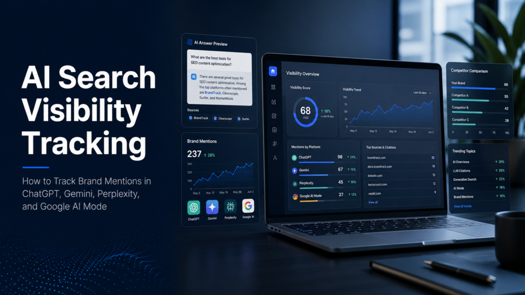 AI search visibility tracking dashboard showing brand mentions in ChatGPT, Gemini, Perplexity, and Google AI Mode