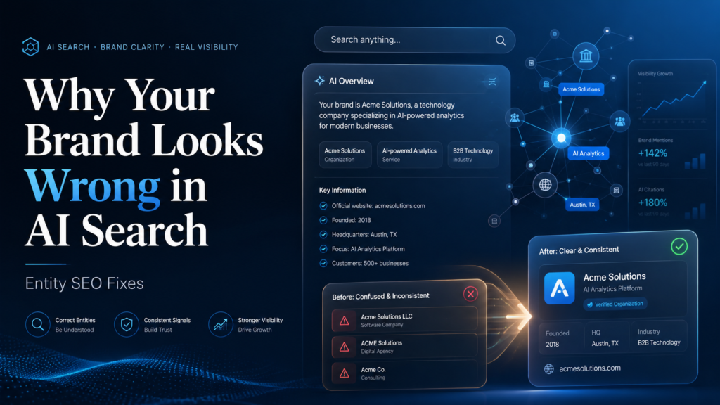 Brand visibility in AI search dashboard showing entity SEO fixes, AI brand accuracy, consistent signals, and verified brand information
