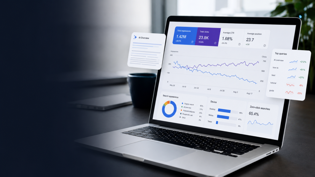 SEO analytics dashboard showing AI search, zero-click results, rising impressions, and falling organic clicks