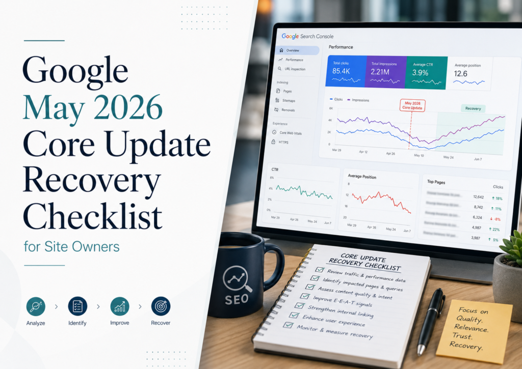 Google May 2026 core update recovery checklist showing Search Console ranking drops, traffic analysis, CTR, impressions, and SEO recovery steps