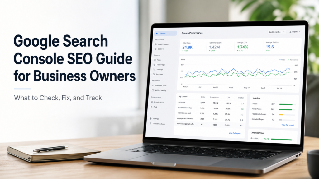 Google Search Console SEO guide for business owners tracking clicks, impressions, CTR, and indexing issues