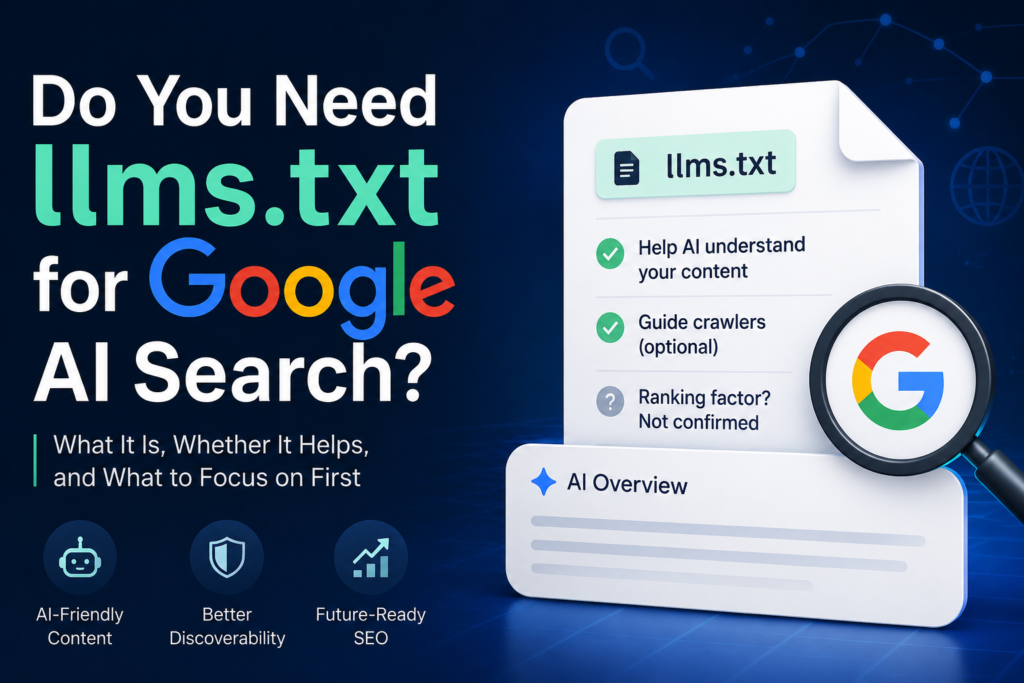 llms.txt for Google AI search guide showing AI Overviews, Google search visibility, crawler context, and SEO ranking factor question