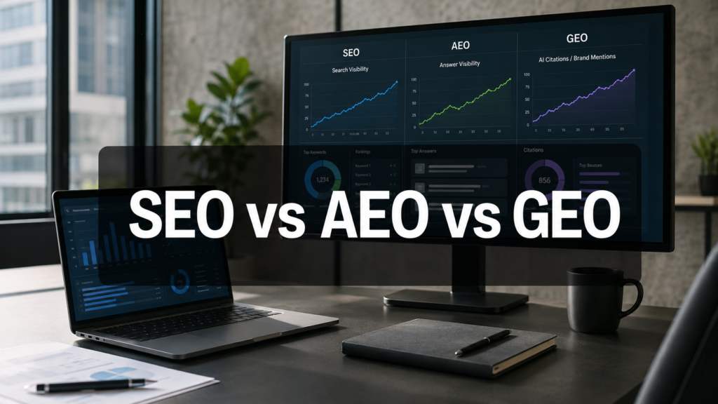 SEO vs AEO vs GEO dashboard showing search visibility, answer visibility, and AI citation metrics