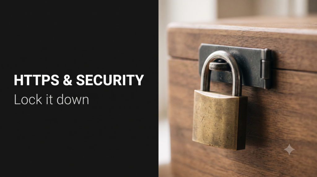 Heavy brass padlock latched shut through a metal hasp on a wooden lid
