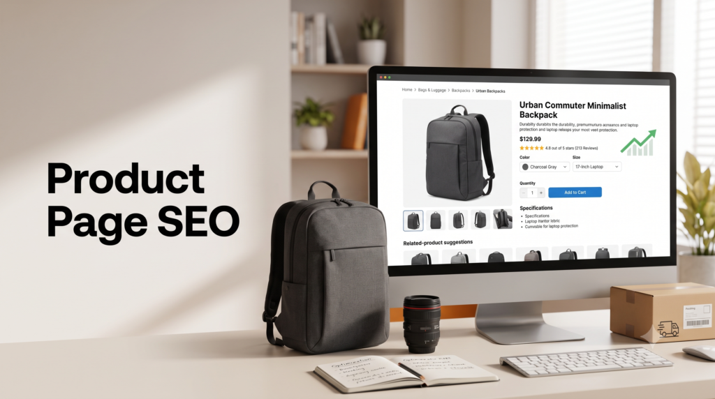 One product on a small lit pedestal beside a neat printed spec card