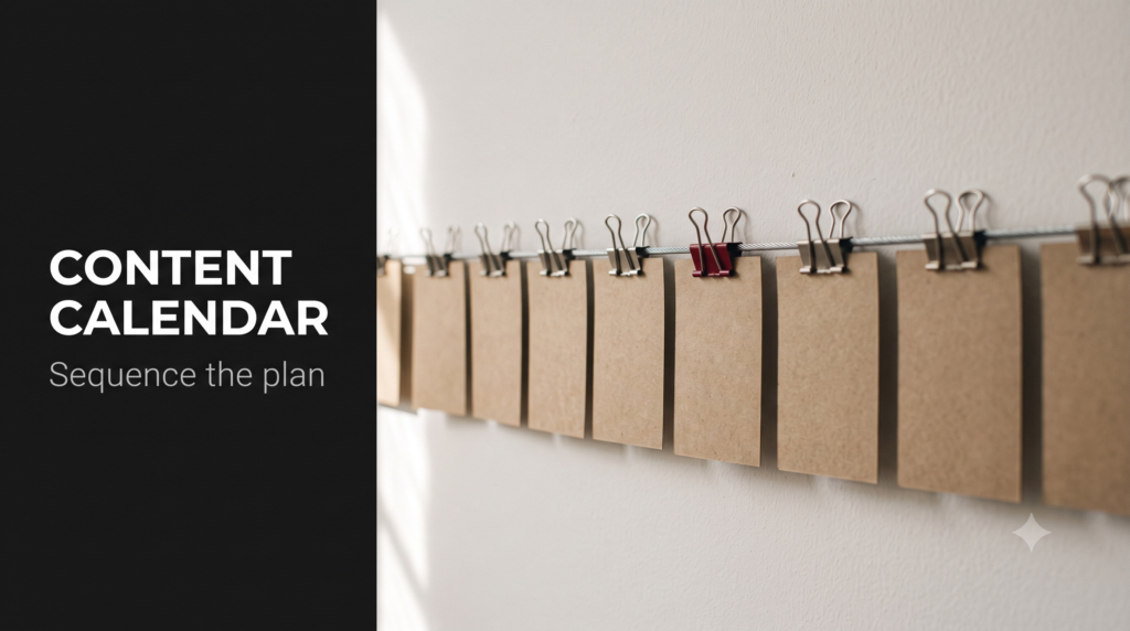 A wooden wall calendar with brass pins linking each date to a cluster tag