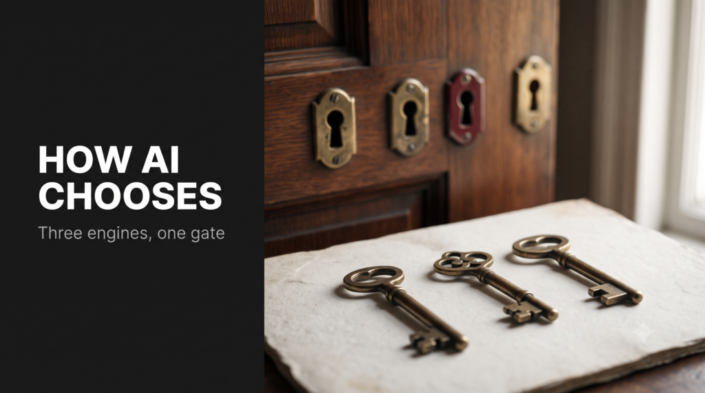 Three differently shaped brass keys before a door with three keyholes