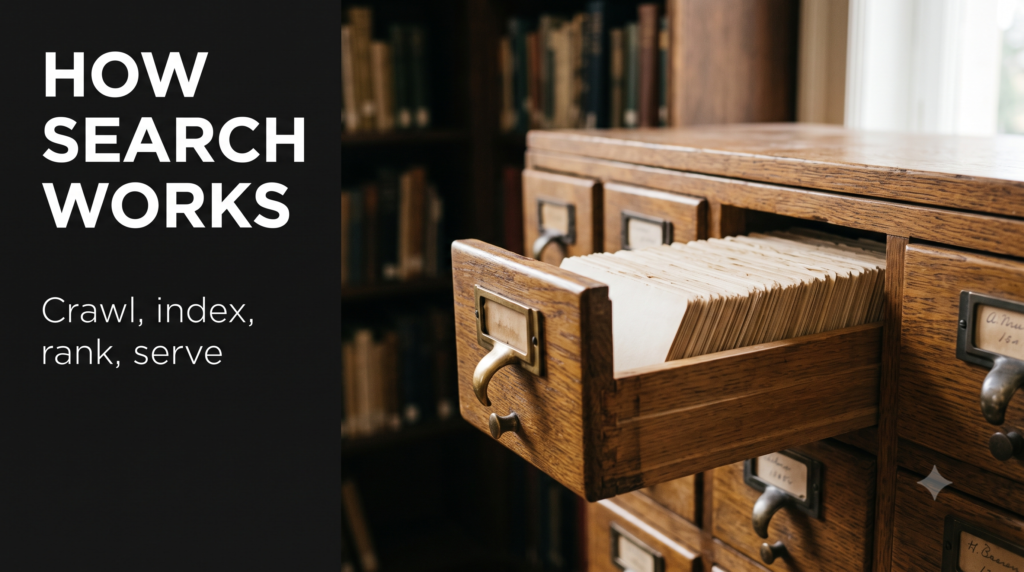 A brass library card-catalogue drawer pulled open beside a lit reading lamp