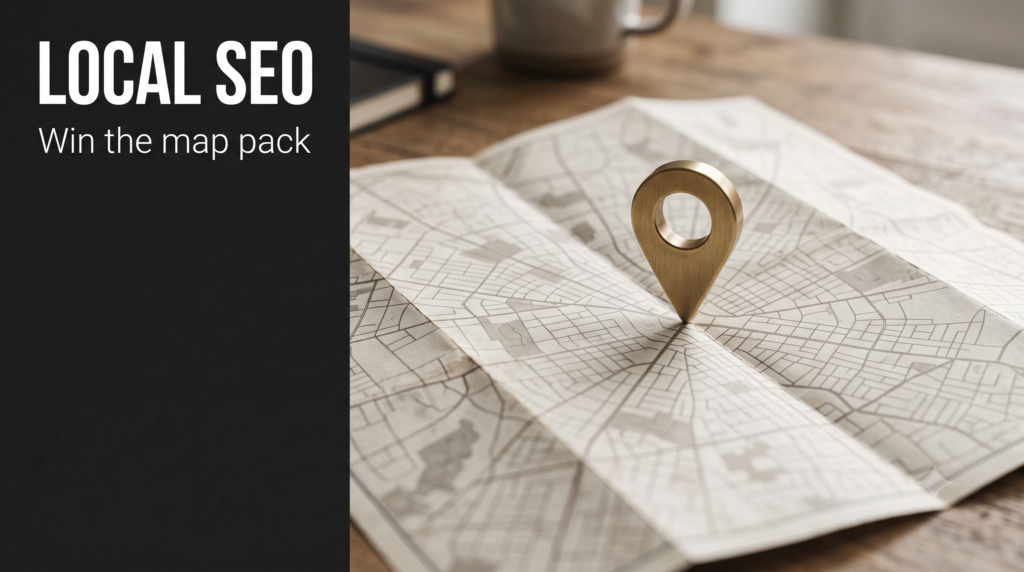 Folded street map with a single brass location pin marking one central point