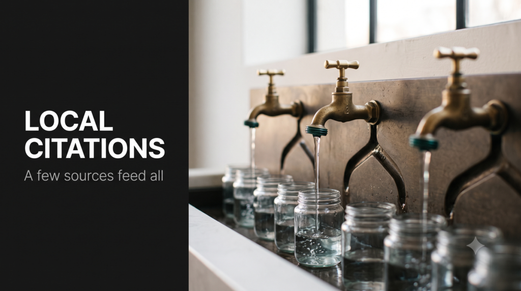 Three brass taps feeding water through channels into many small jars