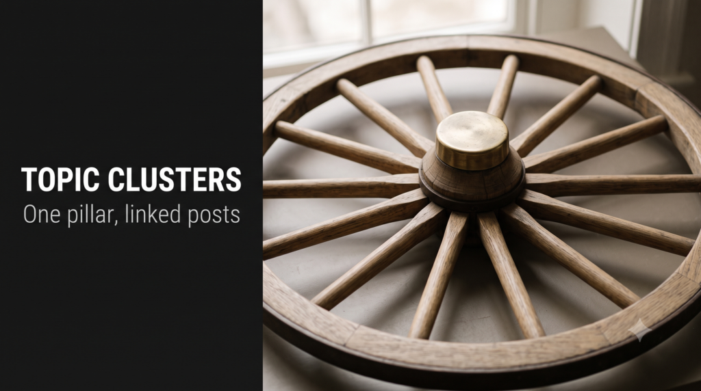 A brass hub wheel with wooden spokes, each spoke a labelled index card