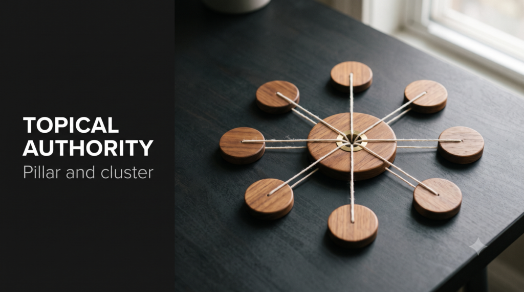 A brass hub with wooden spokes radiating out to several labelled tiles