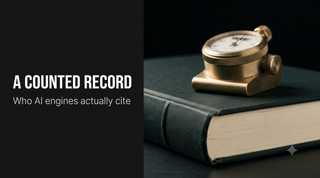 A brass tally counter on a wooden desk beside a bound paper ledger