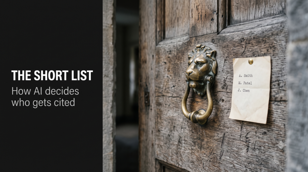 A brass door knocker on a heavy wooden door, with a short printed guest list pinned beside it