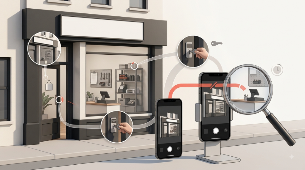 Editorial illustration of a local business video verification being examined to identify failed evidence.