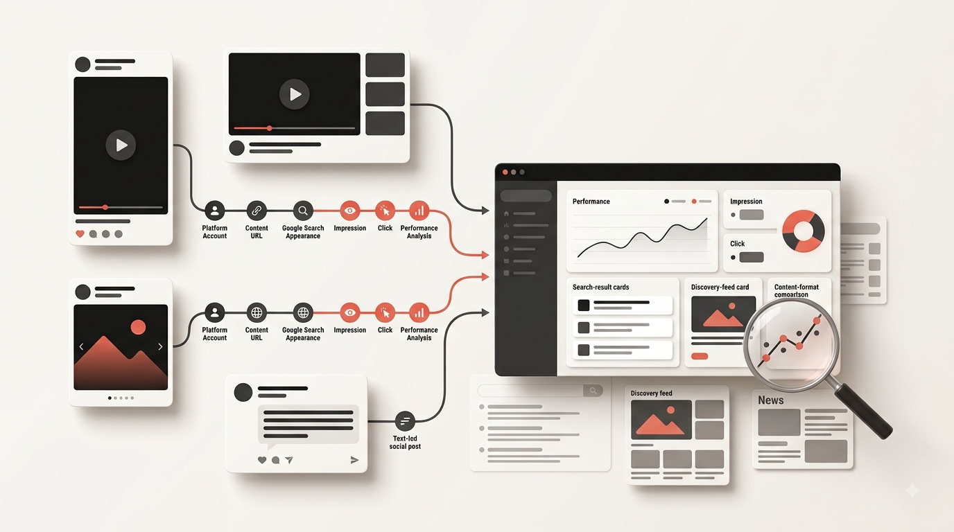 Editorial illustration of social and video content streams connecting to a unified Google Search Console platform property.
