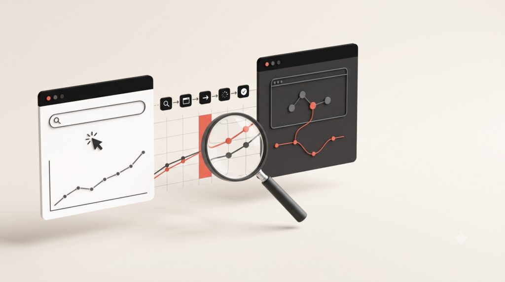 Editorial illustration of a magnifying glass examining the measurement gap between GSC clicks and GA4 sessions