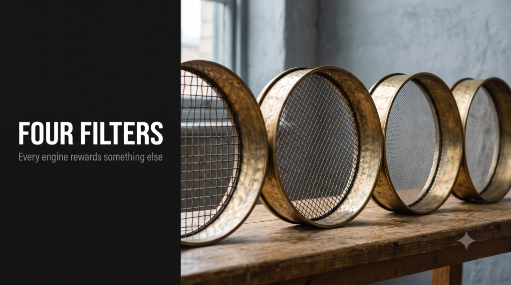 Four brass sieves of different mesh set in a row on a wooden bench