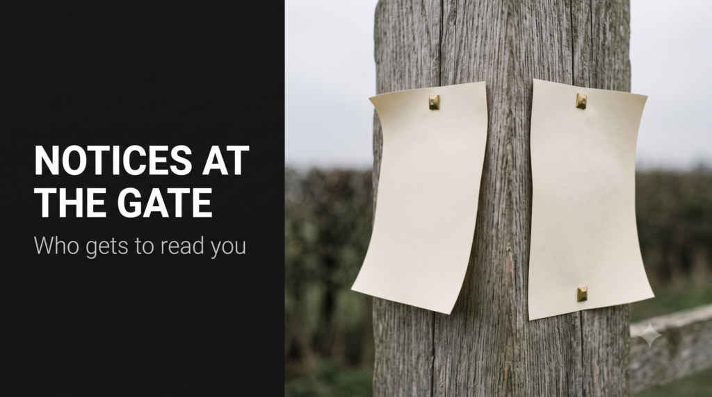 Two paper notices pinned to a wooden gatepost with brass tacks