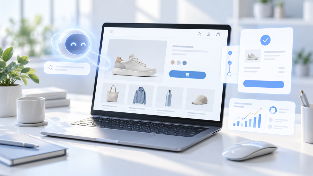 Shopify ecommerce dashboard illustrating Google AI Mode checkout, product discovery, and order tracking.