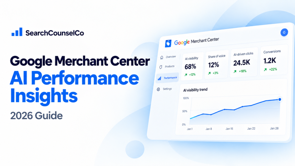 Google Merchant Center AI Performance Insights 2026 guide with an illustrative AI shopping analytics dashboard.