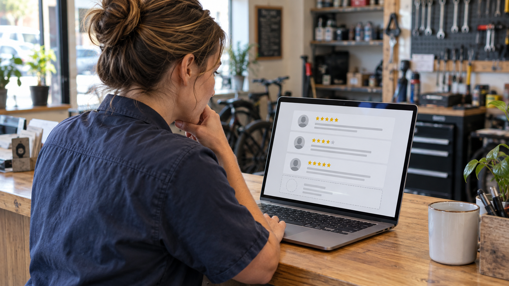 Repair shop owner checking customer reviews on a laptop