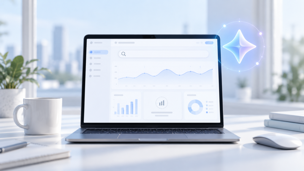 Laptop displaying an analytics dashboard illustrating Google Search Console AI performance reporting.