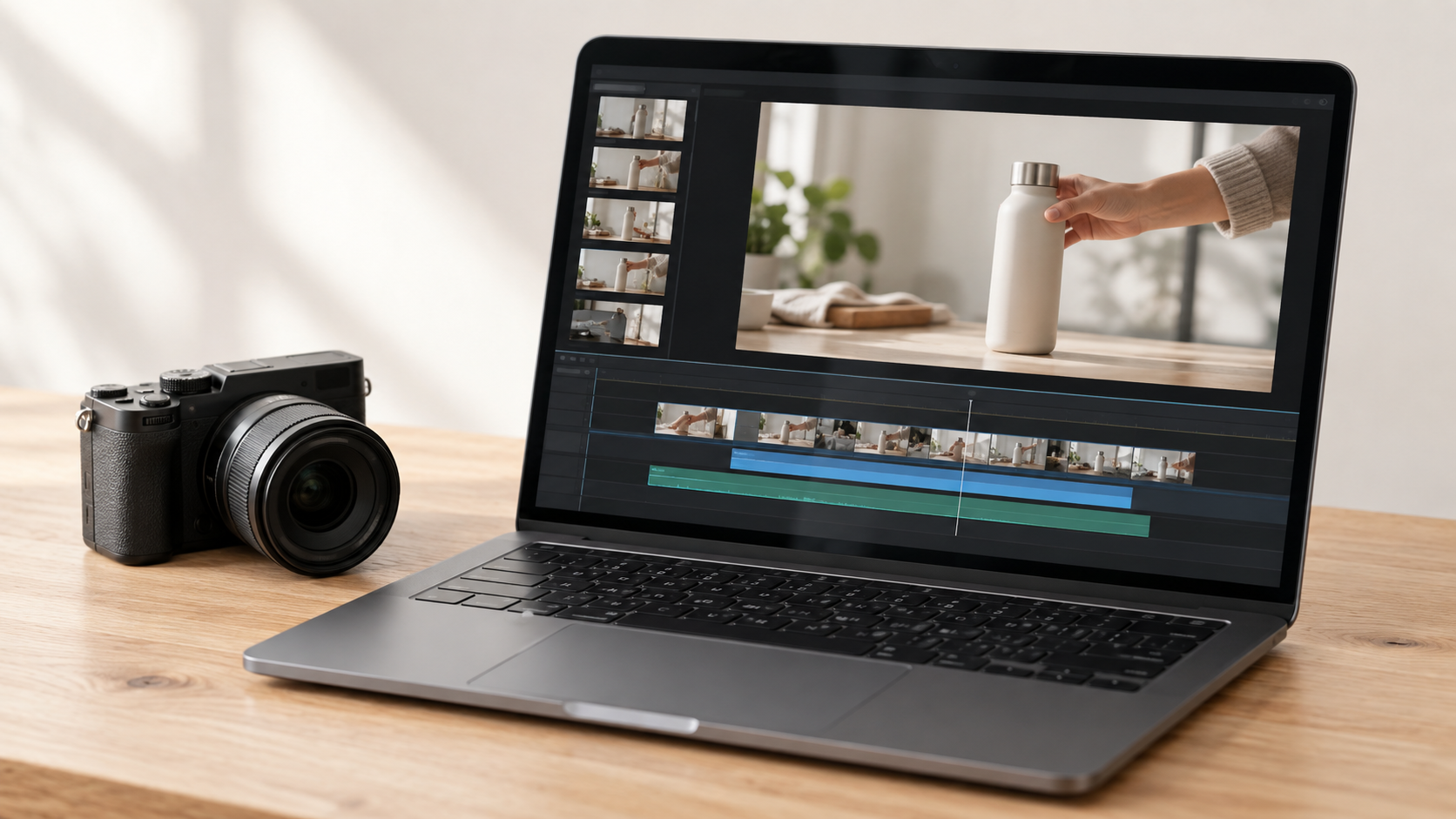 Camera beside a laptop displaying a product video and editing timeline on a clean wooden desk.