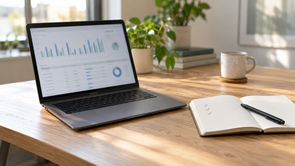 Laptop displaying analytics charts beside an open checklist notebook on a wooden desk.