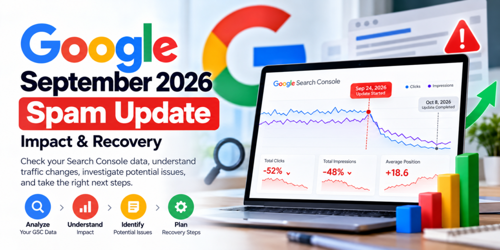 Google September 2026 spam update infographic showing Search Console traffic trends, rollout dates, and recovery steps.