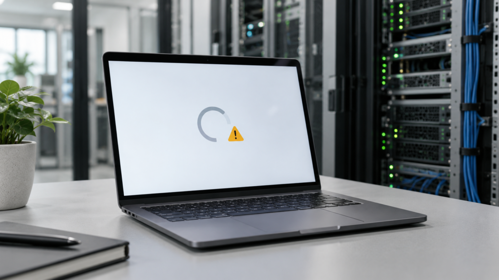 Laptop displaying a loading indicator and warning icon beside server racks.