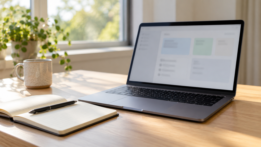 Laptop and open notebook with a pen on a sunlit wooden desk.