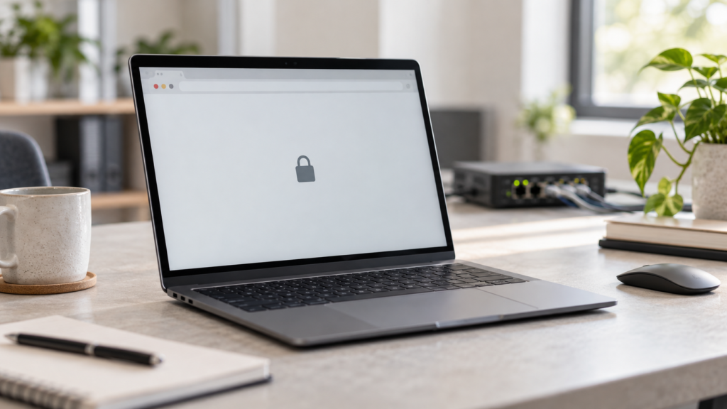 Laptop displaying a padlock icon beside a network switch on a sunlit office desk.