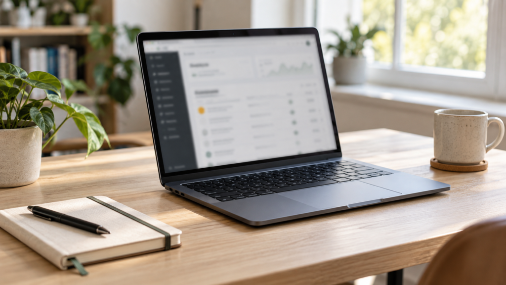 Laptop displaying a blurred website dashboard beside a notebook on a sunlit wooden desk.